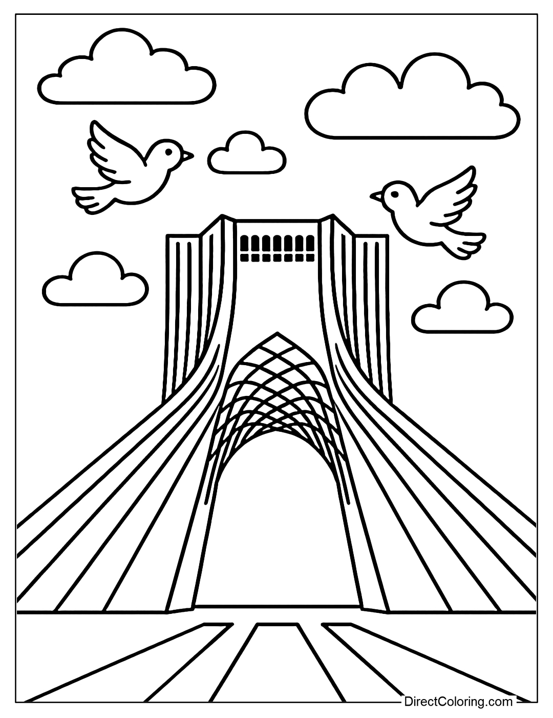 Azadi Tower Coloring Page with blue sky and doves flying around